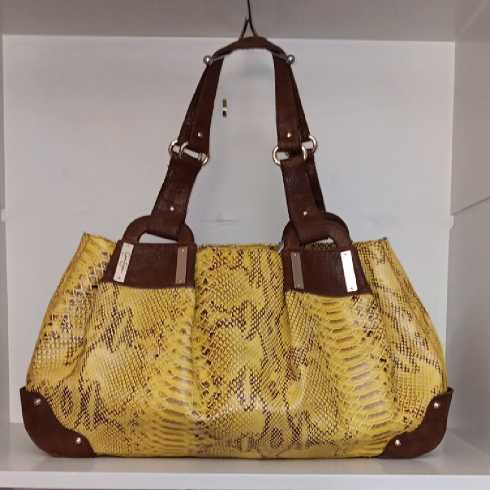 Jessica Simpson Yellow and Brown Shoulder Bag with Snakeskin Print